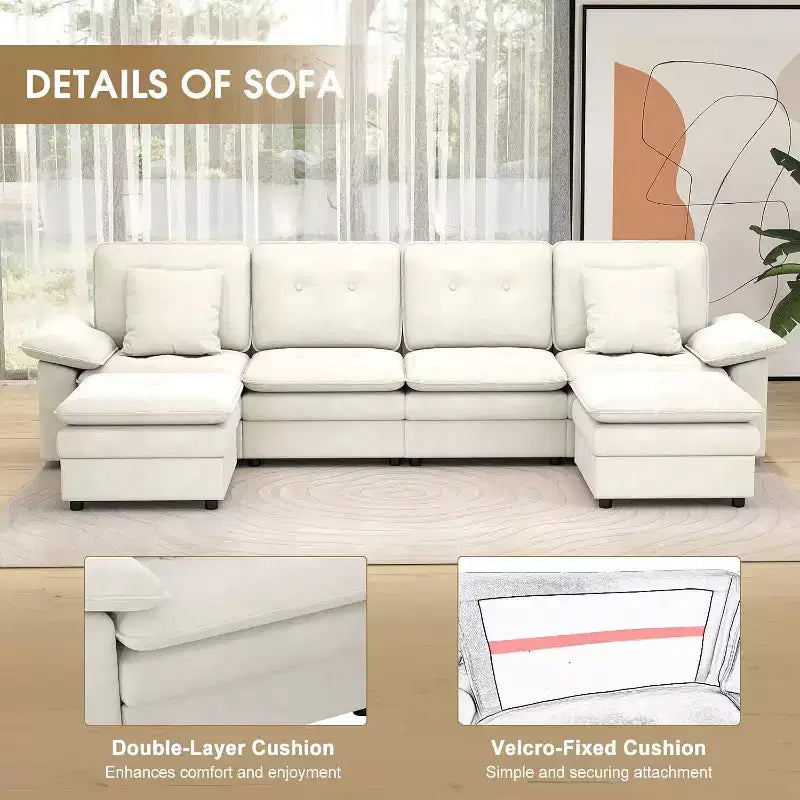 Kinsuite Canapé d'angle 6 places - Canapé moderne 117 L avec 2 poufs, Beige