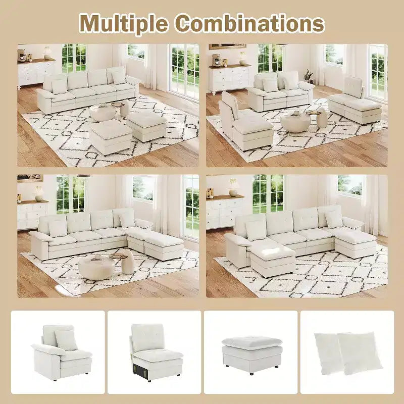 Kinsuite Canapé d'angle 6 places - Canapé moderne 117 L avec 2 poufs, Beige