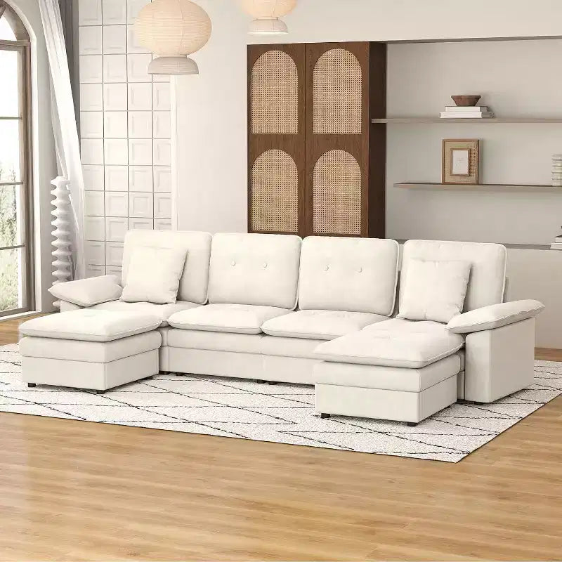 Kinsuite Canapé d'angle 6 places - Canapé moderne 117 L avec 2 poufs, Beige