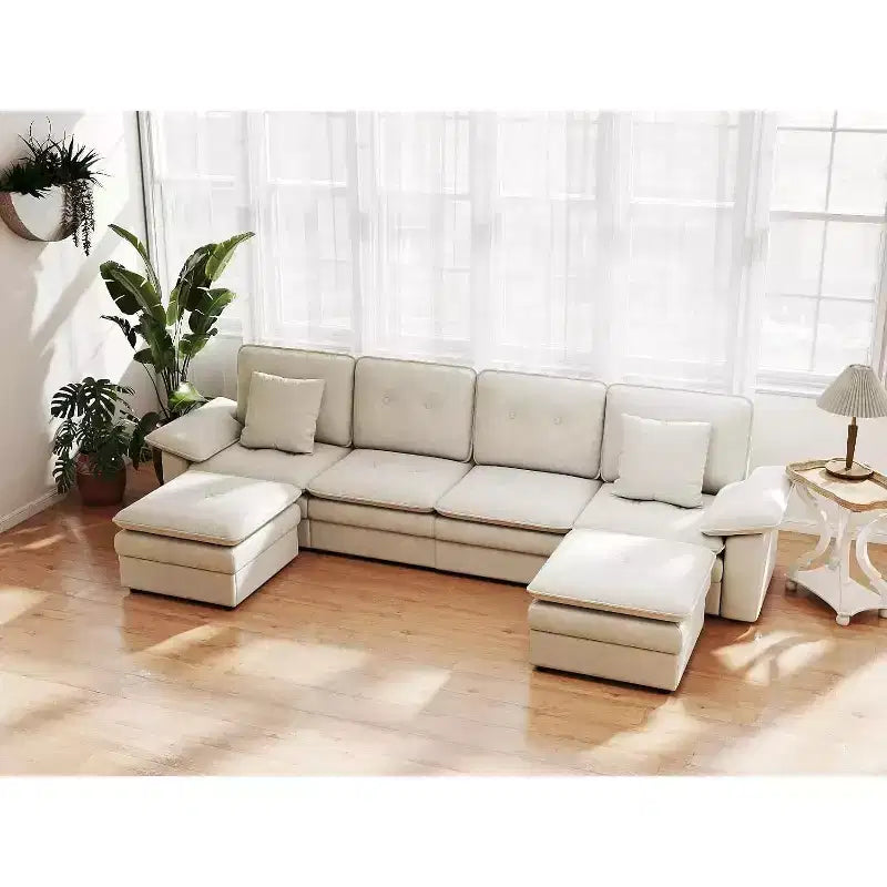 Kinsuite Canapé d'angle 6 places - Canapé moderne 117 L avec 2 poufs, Beige