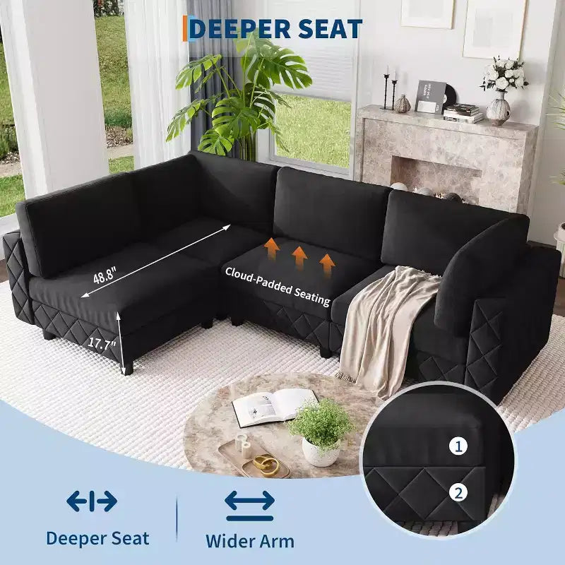 Acekool 134 Canapé d'angle modulable, canapé 4 places en velours en forme de L avec coussins haute densité, canapé nuage rembourré, noir