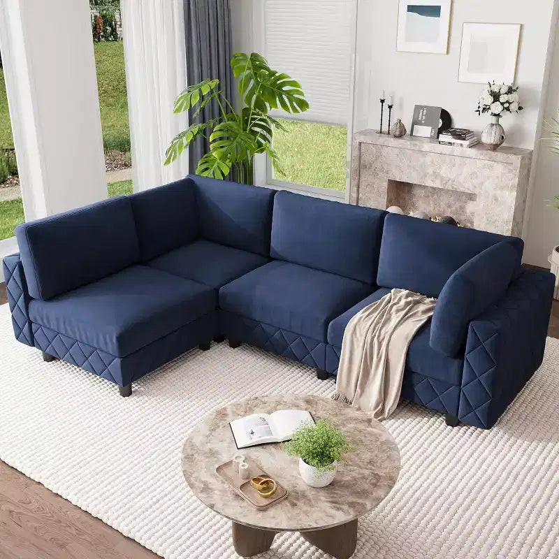 Acekool 134 Modular Sectional Sofa, 4-Seat L-Shaped Velvet Couch with High-Density Cushions, Upholstered Cloud Sofa,Blue