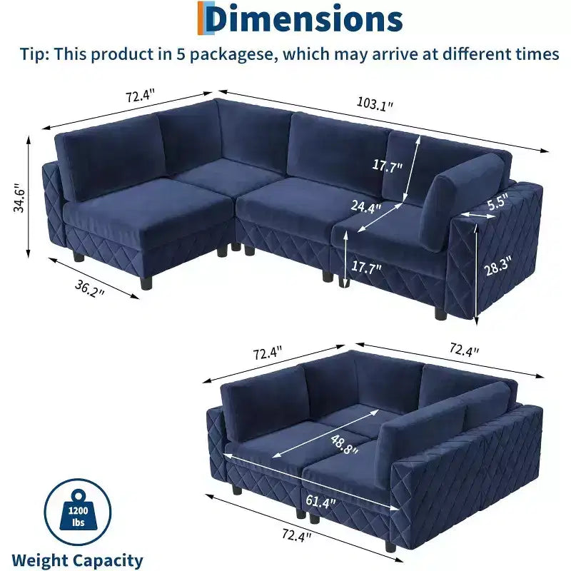 Canapé modulaire sectionnel Acekool 134, canapé d'angle en velours 4 places avec coussins haute densité, canapé Cloud rembourré, bleu