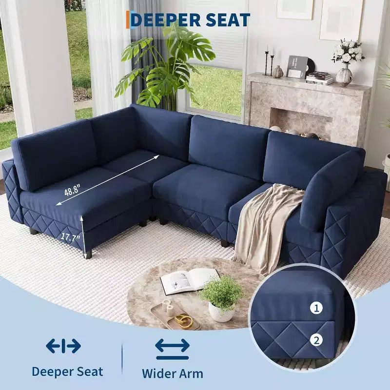 Canapé modulaire sectionnel Acekool 134, canapé d'angle en velours 4 places avec coussins haute densité, canapé Cloud rembourré, bleu