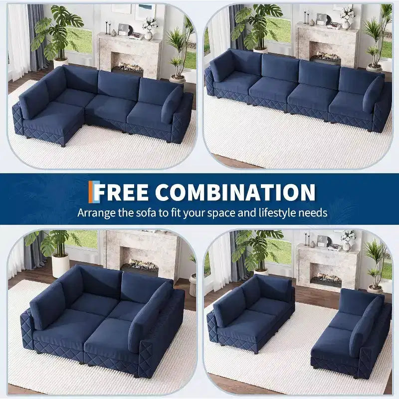 Canapé modulaire sectionnel Acekool 134, canapé d'angle en velours 4 places avec coussins haute densité, canapé Cloud rembourré, bleu