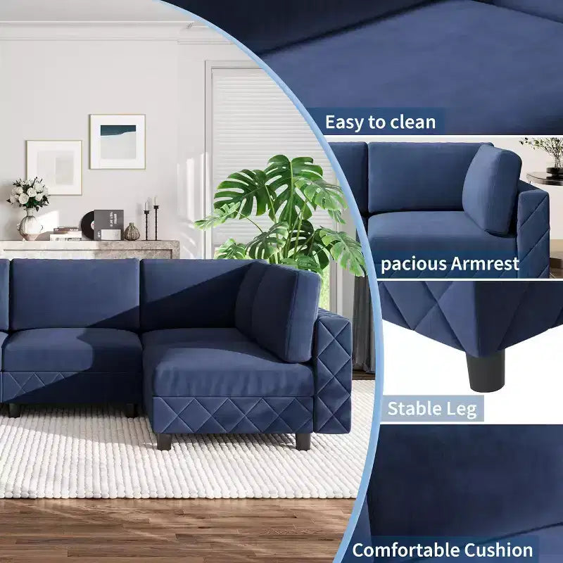 Canapé modulaire sectionnel Acekool 134, canapé d'angle en velours 4 places avec coussins haute densité, canapé Cloud rembourré, bleu