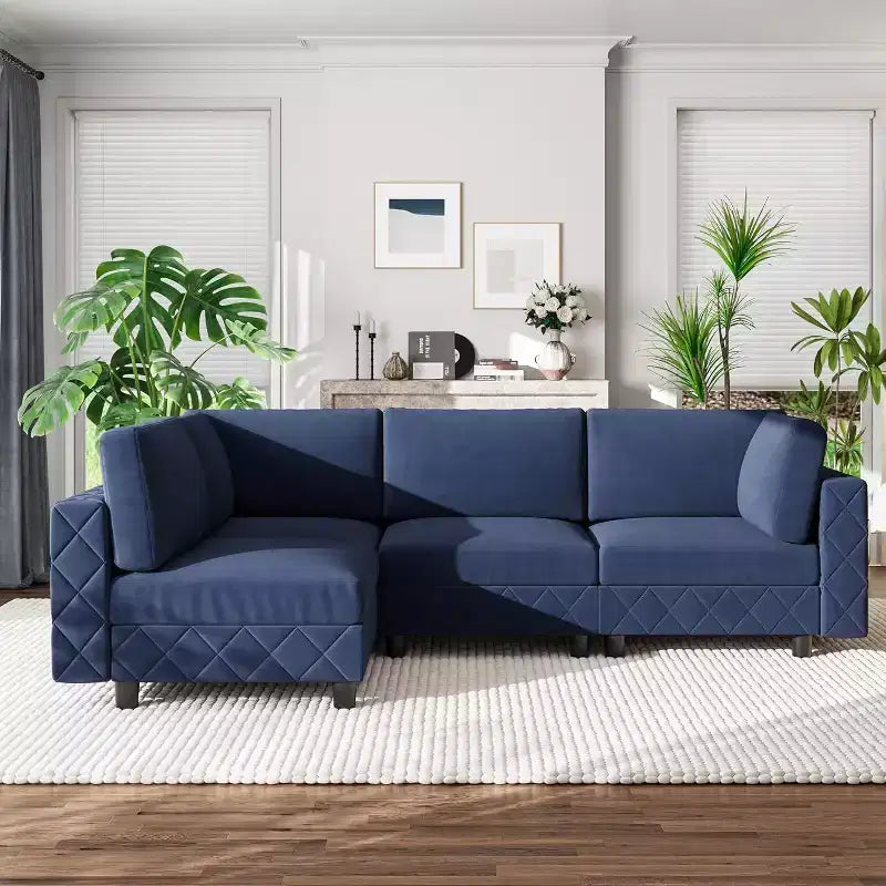 Canapé modulaire sectionnel Acekool 134, canapé d'angle en velours 4 places avec coussins haute densité, canapé Cloud rembourré, bleu