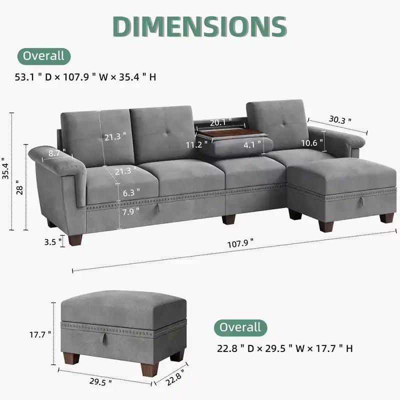 Canapé d'angle modulable Celebalcony, Canapé en L convertible avec rangement, Canapé modulable avec pouf de rangement pour salon, appartement, bureau