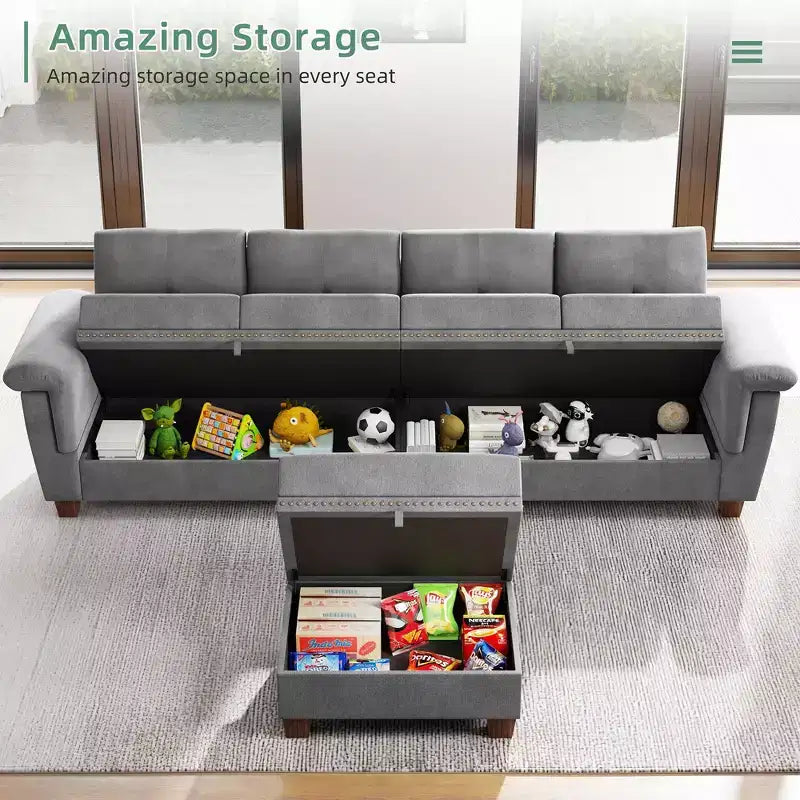 Canapé d'angle modulable Celebalcony, Canapé en L convertible avec rangement, Canapé modulable avec pouf de rangement pour salon, appartement, bureau