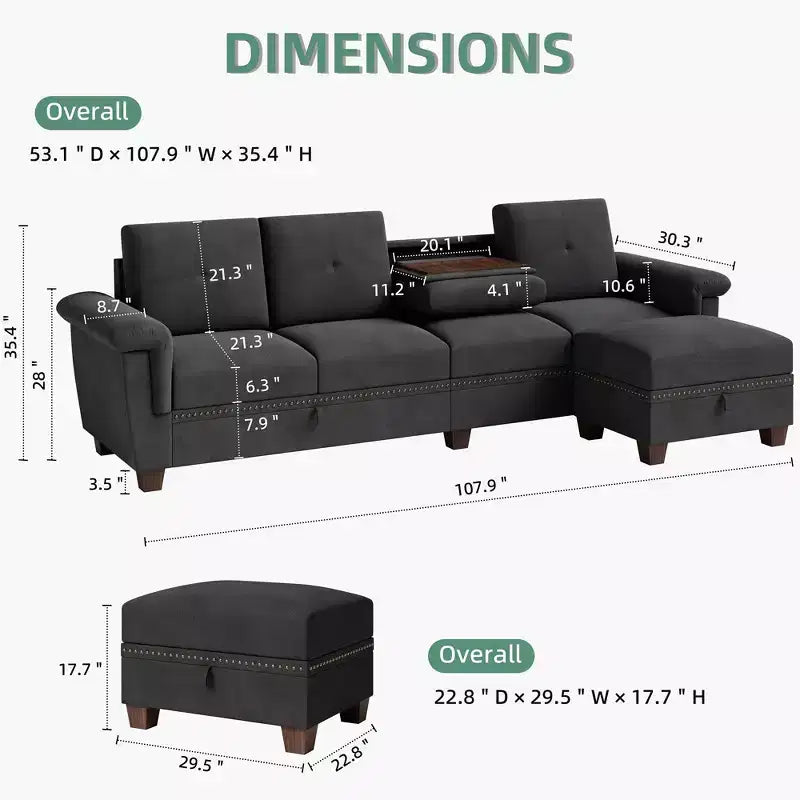 Canapé d'angle modulable Celebalcony, Canapé en L convertible avec rangement, Canapé modulable avec pouf de rangement pour salon, appartement, bureau