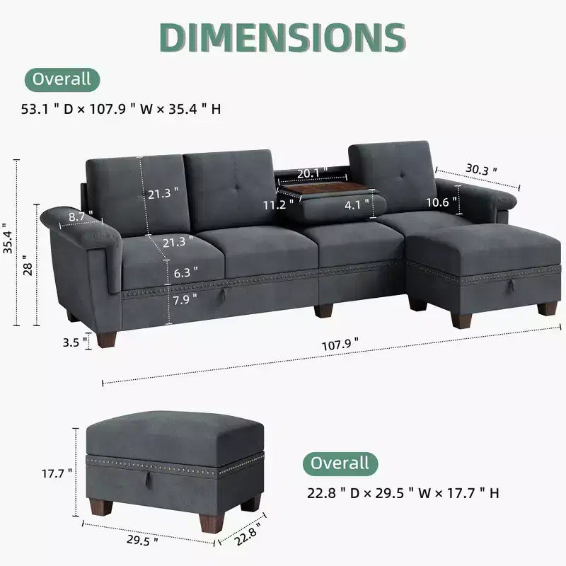 Canapé d'angle modulable Celebalcony, Canapé en L convertible avec rangement, Canapé modulable avec pouf de rangement pour salon, appartement, bureau