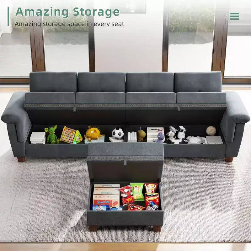 Canapé d'angle modulable Celebalcony, Canapé en L convertible avec rangement, Canapé modulable avec pouf de rangement pour salon, appartement, bureau