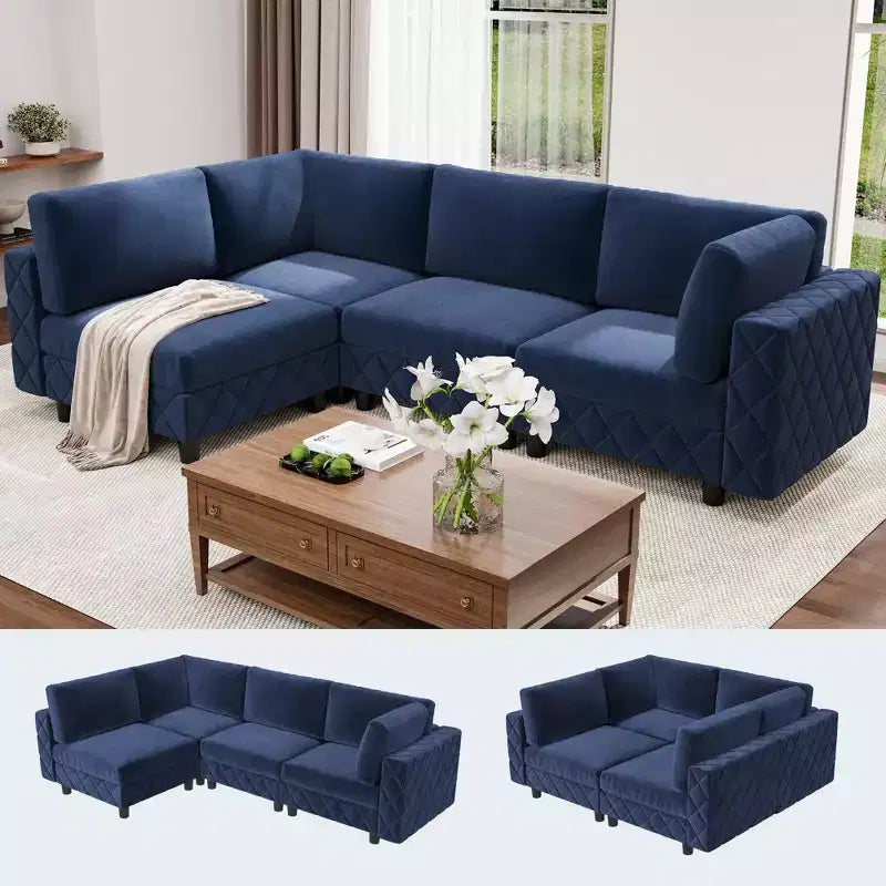 Canapé modulaire sectionnel en L en velours bleu 134, canapé nuage 4 places avec éponge haute densité pour salon et appartement