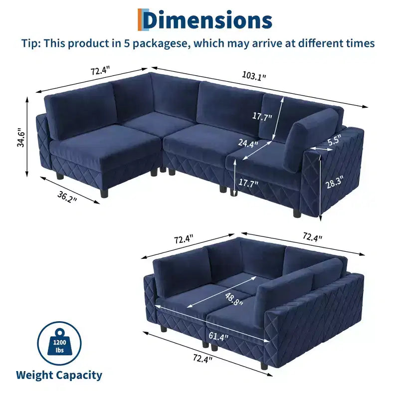 Canapé modulaire sectionnel en L en velours bleu 134, canapé nuage 4 places avec éponge haute densité pour salon et appartement