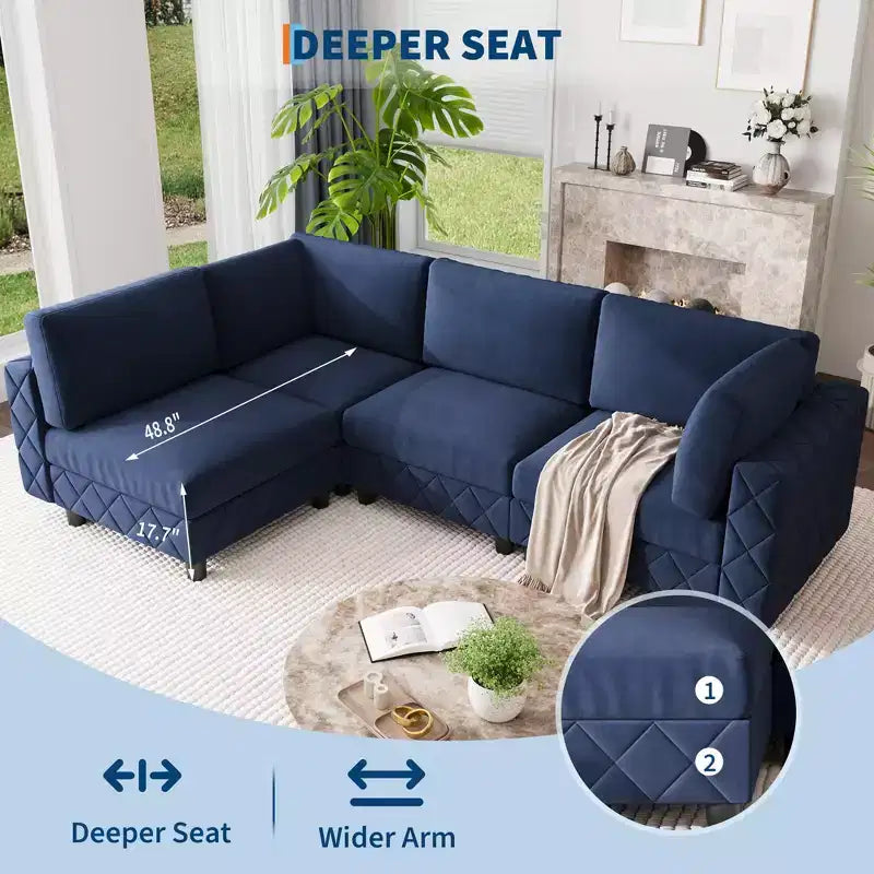Canapé modulaire sectionnel en L en velours bleu 134, canapé nuage 4 places avec éponge haute densité pour salon et appartement