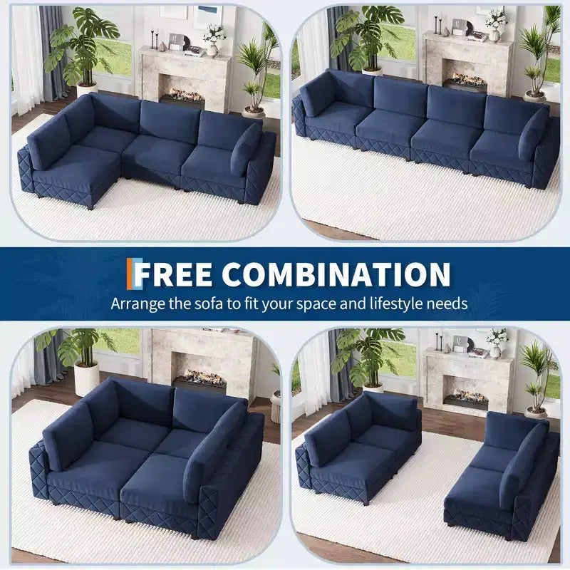 Canapé modulaire sectionnel en L en velours bleu 134, canapé nuage 4 places avec éponge haute densité pour salon et appartement