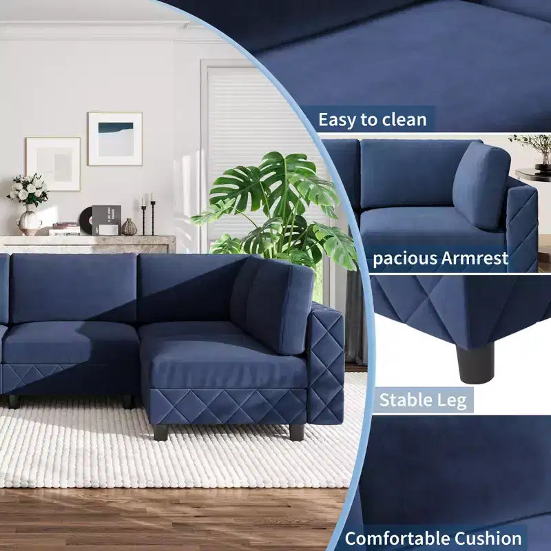 Canapé modulaire sectionnel en L en velours bleu 134, canapé nuage 4 places avec éponge haute densité pour salon et appartement