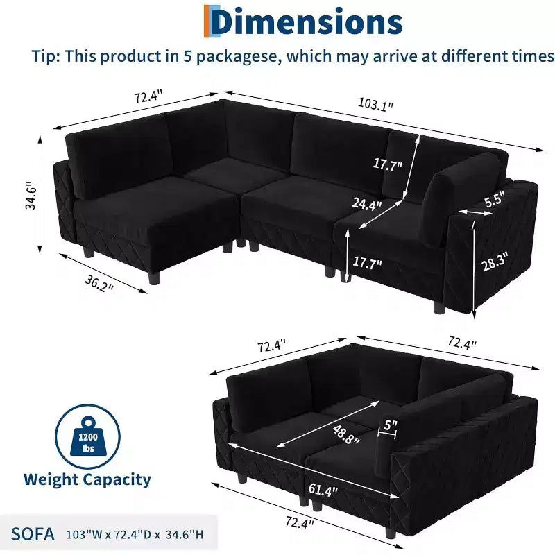 Canapé d'angle modulable noir en forme de L à 4 places avec motif diamant et cadre en bois pour salon et appartement (assemblage facile)