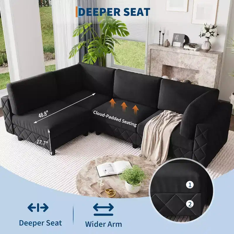 Canapé d'angle modulable noir en forme de L à 4 places avec motif diamant et cadre en bois pour salon et appartement (assemblage facile)