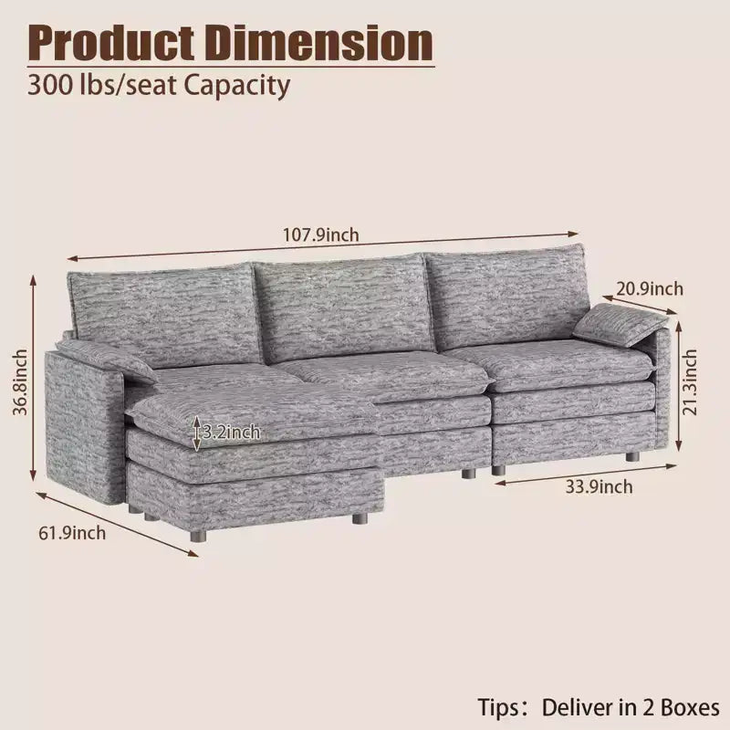 Canapé modulable XL 108 places en L avec ottomane pour salon/appartement