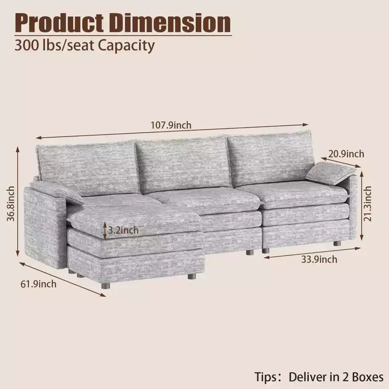 Canapé modulable XL 108 places en L avec ottomane pour salon/appartement