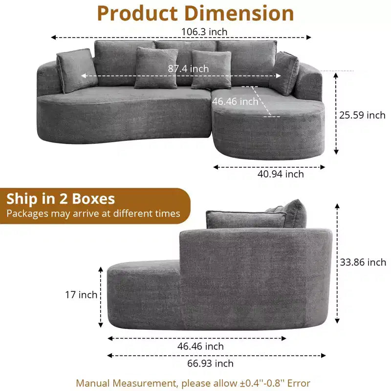 Canapé modulaire incurvé 106" – Chaise longue côté droit pour salon (aucun assemblage requis)