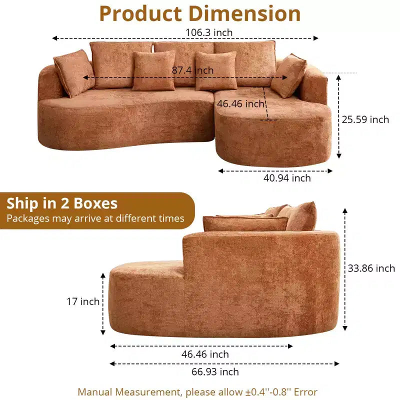 Canapé modulaire incurvé 106" – Chaise longue côté droit pour salon (aucun assemblage requis)