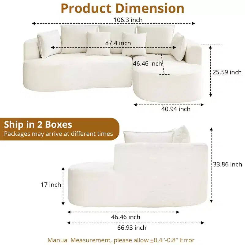 Canapé modulaire incurvé 106" – Chaise longue côté droit pour salon (aucun assemblage requis)