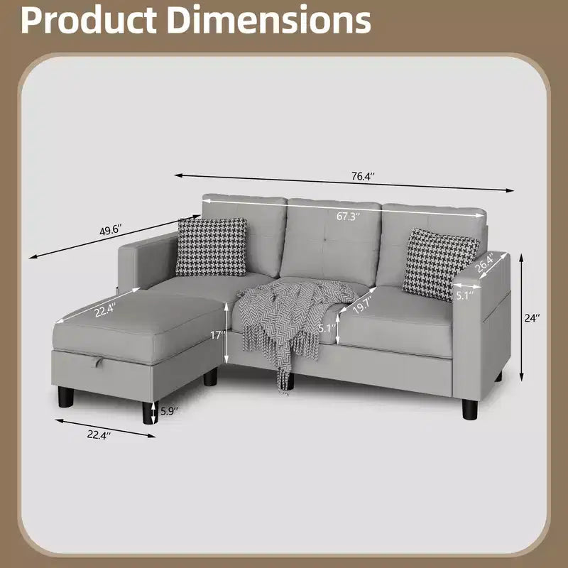 Canapés modulables compacts Celebalcony, canapé modulable 3 places en forme de L en tissu polyester avec pouf mobile pour appartements, bureau