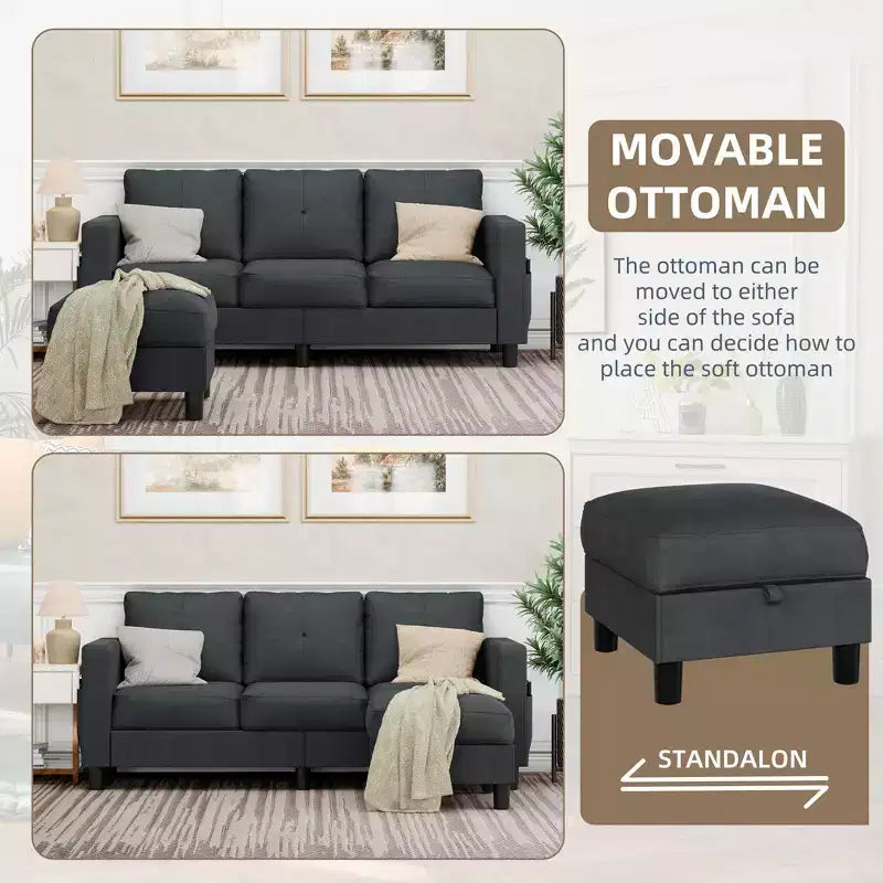 Canapés modulables compacts Celebalcony, canapé modulable 3 places en forme de L en tissu polyester avec pouf mobile pour appartements, bureau
