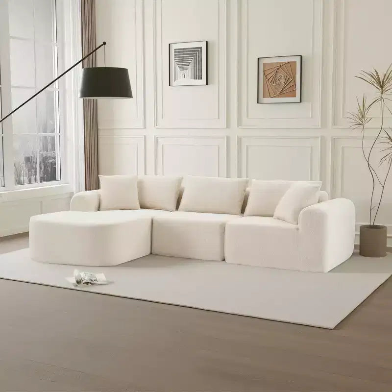 Dovelina Teddy Fabric Foam-Filled Sleeper 3-Seat Sofa,Modern Comfy Upholstered Sofa L-Shape Couches with Soft Pillows