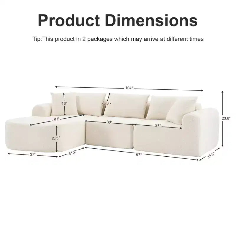 Canapé convertible 3 places Dovelina en tissu Teddy rembourré de mousse, canapé d'angle moderne et confortable avec coussins moelleux