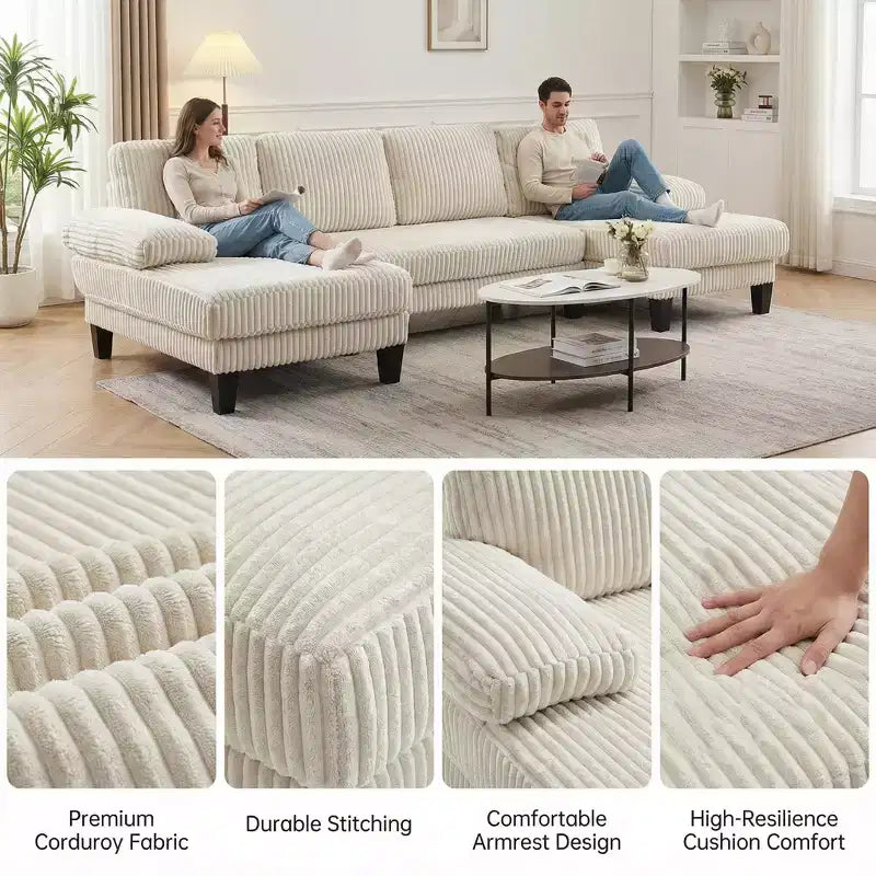 Homy Casa Canapé d'angle en velours côtelé en U avec double méridienne, canapé de salon 4 places, beige