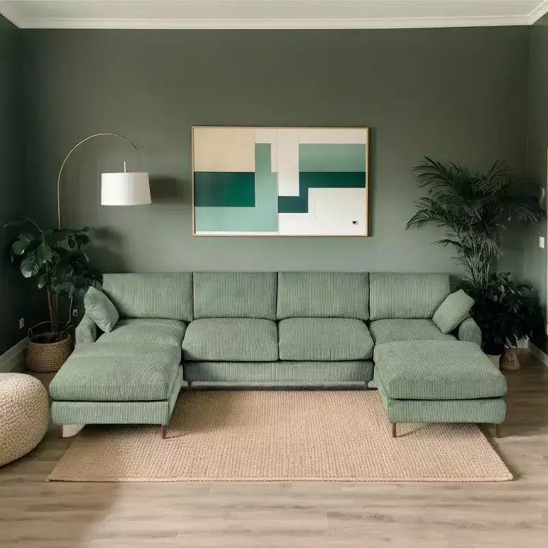 PexFix 6-Seat Modern Corduroy Modular Sectional Sofa U-Shaped Convertible L-Shaped Design with Ottoman and Pillows for Living Room Office Olive Green