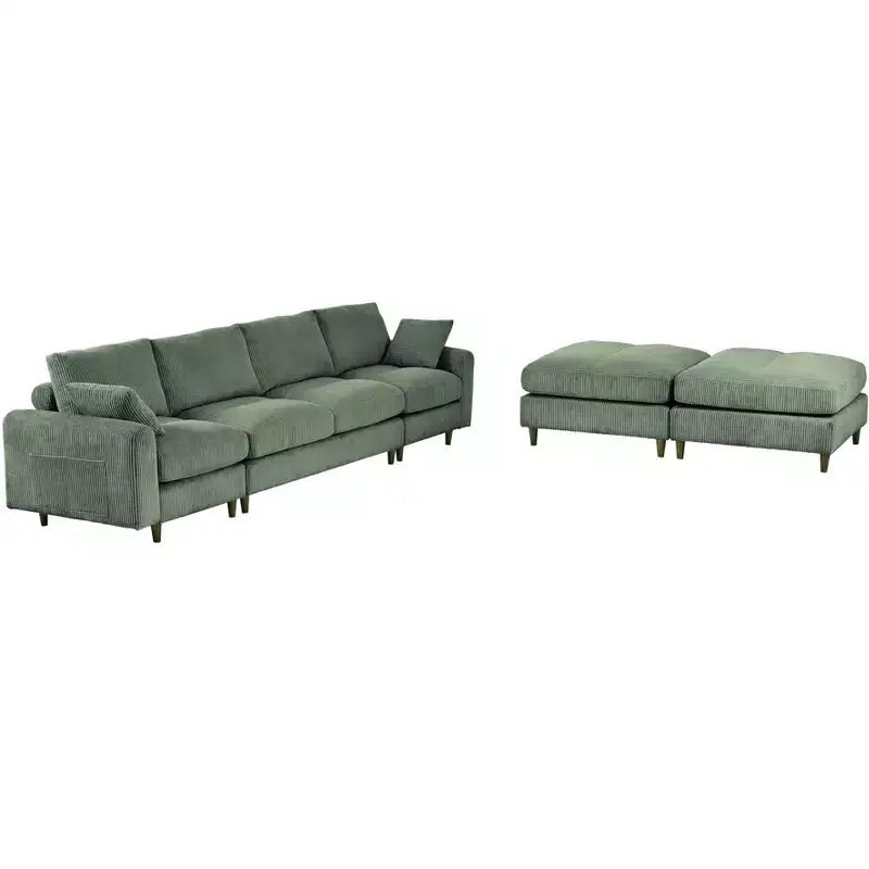 PexFix Canapé modulaire moderne en velours côtelé 6 places, conception convertible en U ou en L avec pouf et coussins pour salon ou bureau, vert olive