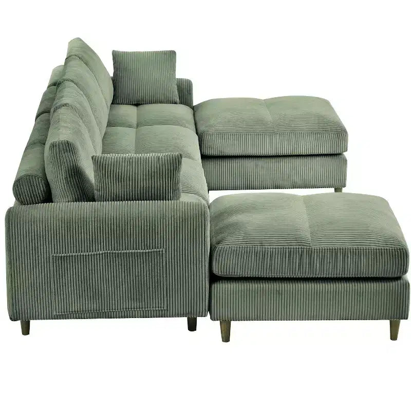 PexFix Canapé modulaire moderne en velours côtelé 6 places, conception convertible en U ou en L avec pouf et coussins pour salon ou bureau, vert olive