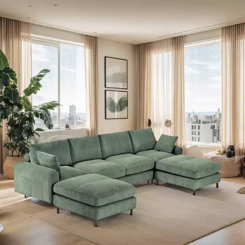 PexFix Canapé modulaire moderne en velours côtelé 6 places, conception convertible en U ou en L avec pouf et coussins pour salon ou bureau, vert olive