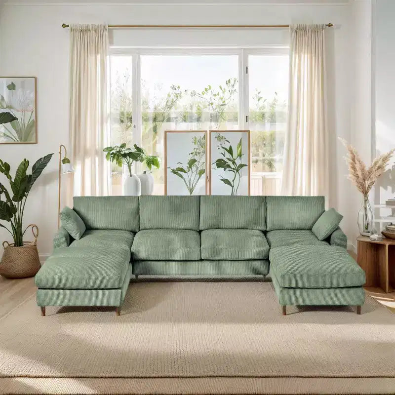 PexFix Canapé modulaire moderne en velours côtelé 6 places, conception convertible en U ou en L avec pouf et coussins pour salon ou bureau, vert olive