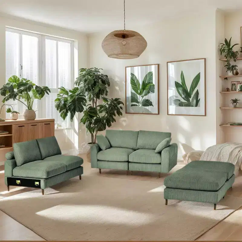 PexFix Canapé modulaire moderne en velours côtelé 6 places, conception convertible en U ou en L avec pouf et coussins pour salon ou bureau, vert olive