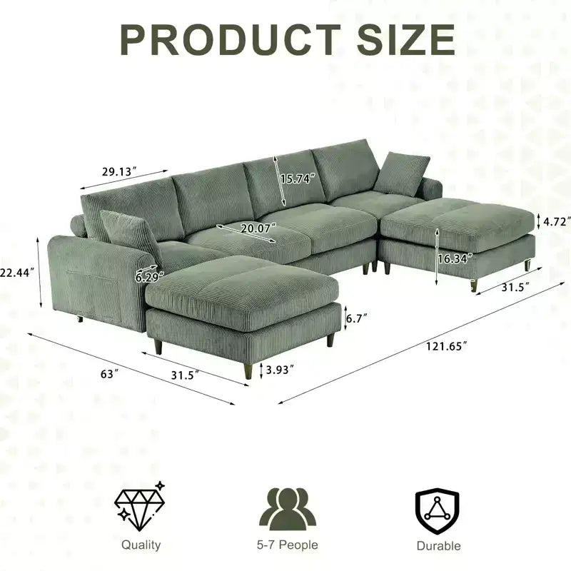 PexFix Canapé modulaire moderne en velours côtelé 6 places, conception convertible en U ou en L avec pouf et coussins pour salon ou bureau, vert olive
