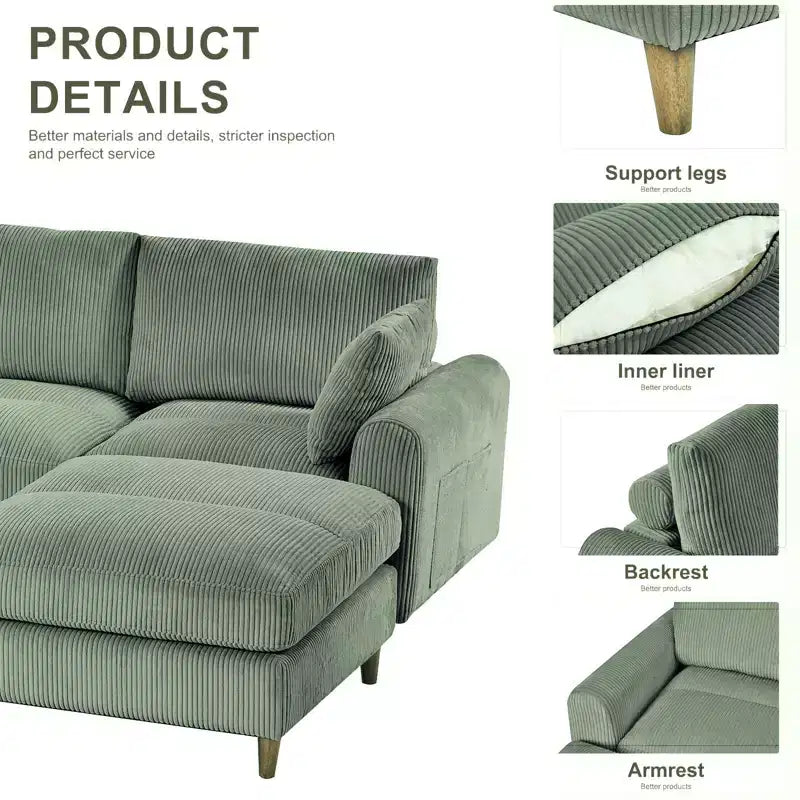 PexFix Canapé modulaire moderne en velours côtelé 6 places, conception convertible en U ou en L avec pouf et coussins pour salon ou bureau, vert olive