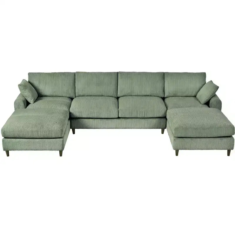 PexFix Canapé modulaire moderne en velours côtelé 6 places, conception convertible en U ou en L avec pouf et coussins pour salon ou bureau, vert olive
