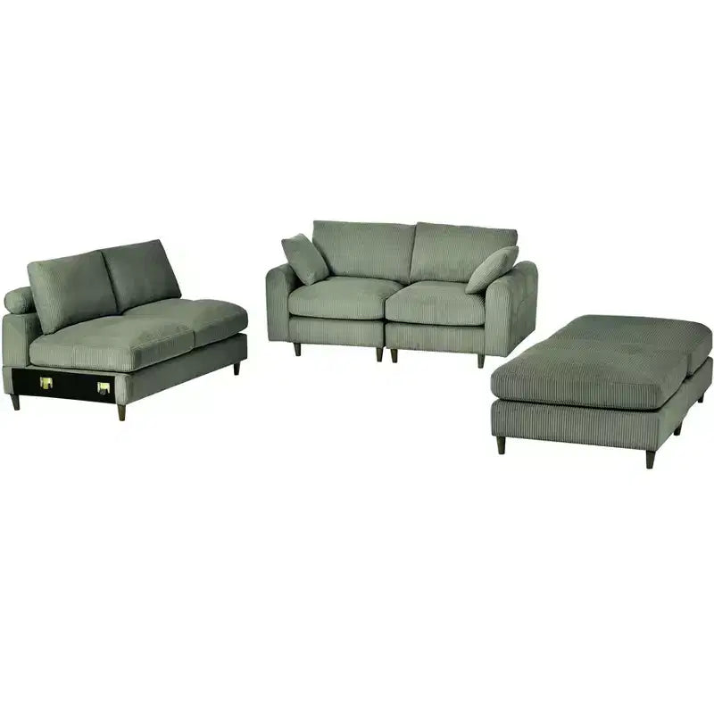 PexFix Canapé modulaire moderne en velours côtelé 6 places, conception convertible en U ou en L avec pouf et coussins pour salon ou bureau, vert olive