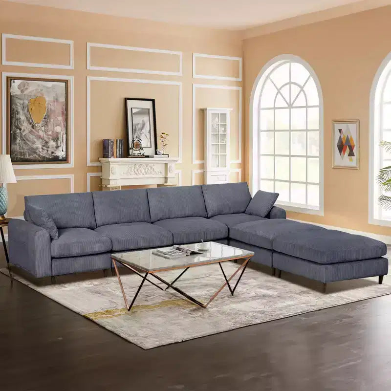Canapé d'angle modulable moderne PexFix 6 places en velours côtelé, design convertible en U ou en L avec pouf et oreillers pour salon ou bureau, gris