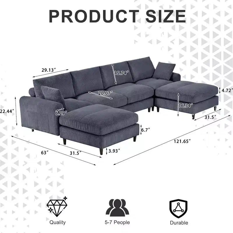 Canapé d'angle modulable moderne PexFix 6 places en velours côtelé, design convertible en U ou en L avec pouf et oreillers pour salon ou bureau, gris
