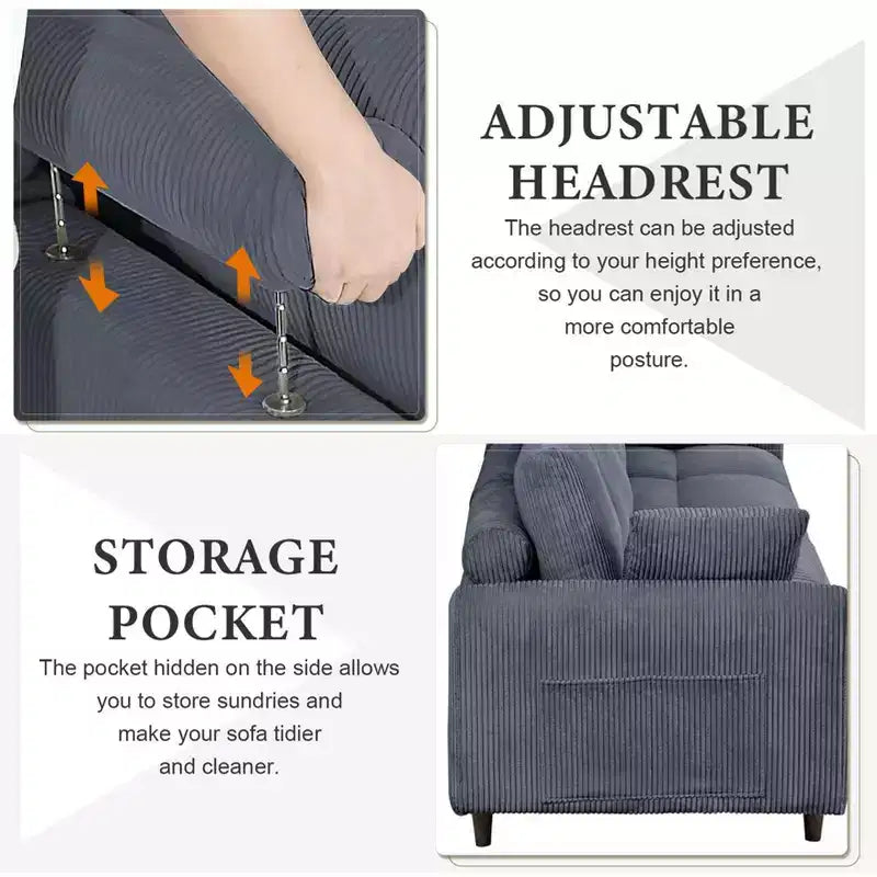 Canapé d'angle modulable moderne PexFix 6 places en velours côtelé, design convertible en U ou en L avec pouf et oreillers pour salon ou bureau, gris