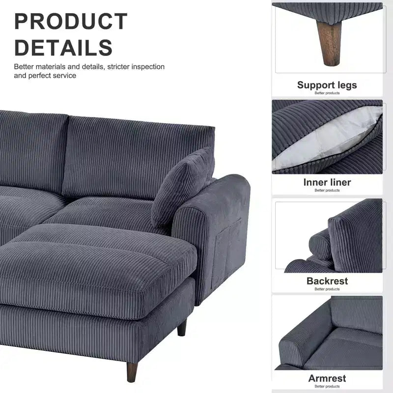 Canapé d'angle modulable moderne PexFix 6 places en velours côtelé, design convertible en U ou en L avec pouf et oreillers pour salon ou bureau, gris