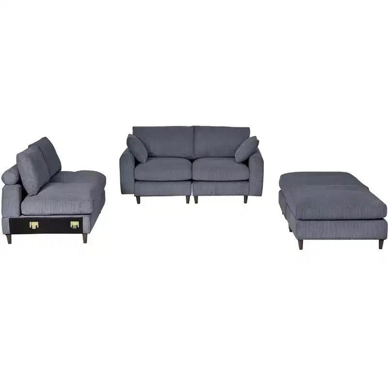 Canapé d'angle modulable moderne PexFix 6 places en velours côtelé, design convertible en U ou en L avec pouf et oreillers pour salon ou bureau, gris