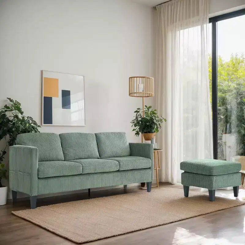 PexFix Canapé d'angle en velours 4 places avec méridienne et pouf en velours côtelé, canapé sectionnel moderne multifonctionnel pour appartement, salon, vert olive