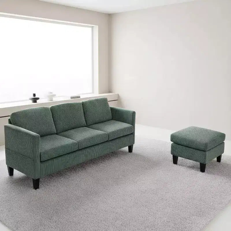PexFix Canapé d'angle en velours 4 places avec méridienne et pouf en velours côtelé, canapé sectionnel moderne multifonctionnel pour appartement, salon, vert olive